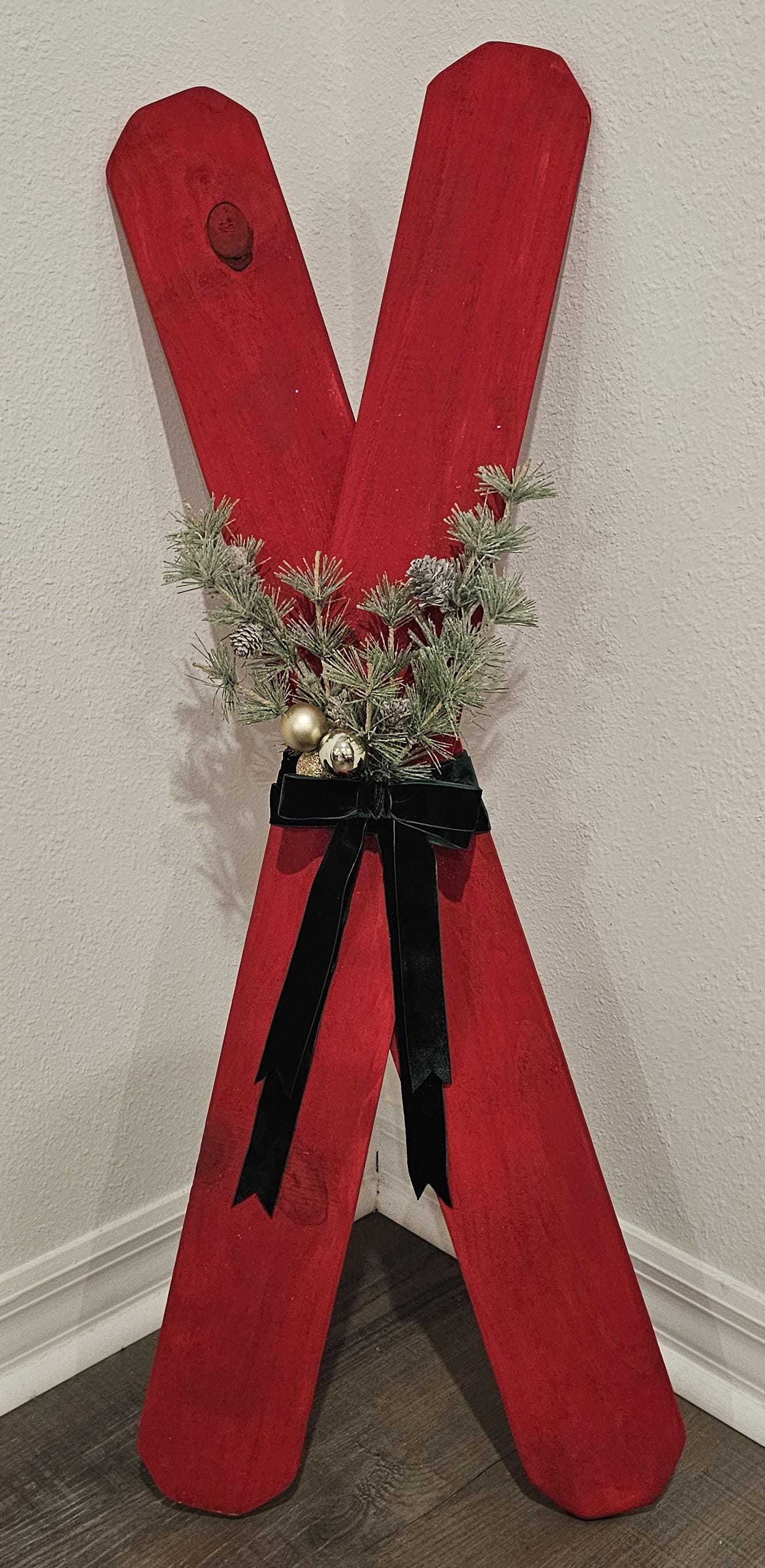 Wooden Christmas Skis – Rustic Red Faux Ski Decor