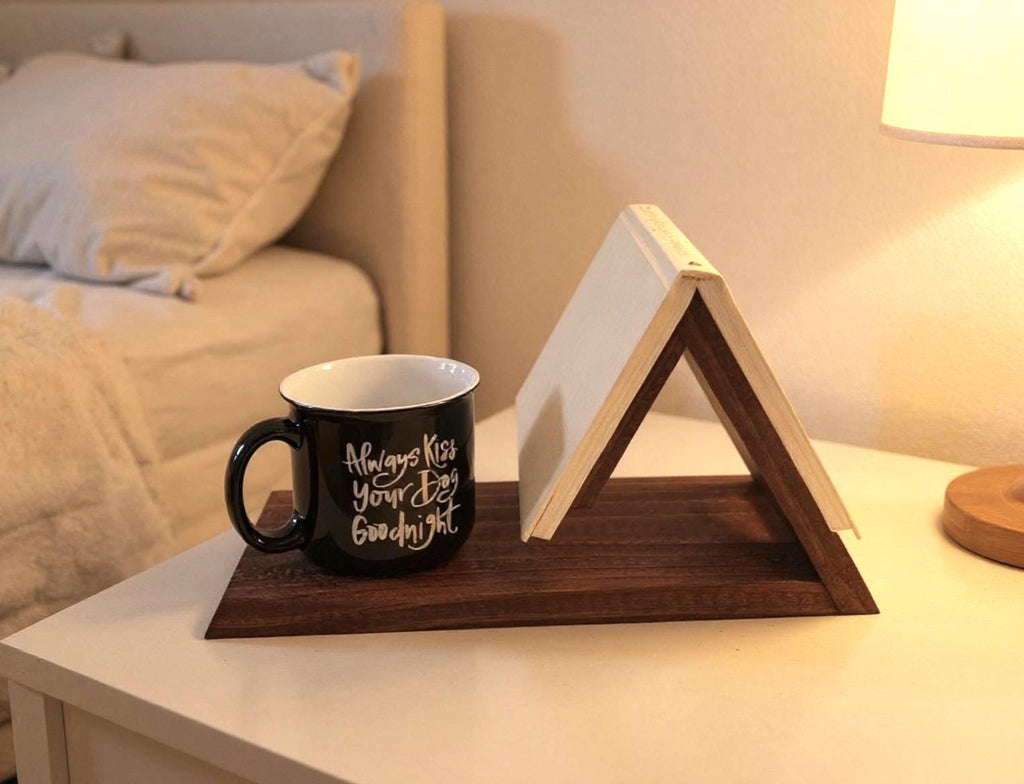 Handmade Wooden Book Rest with Mug Spot | Book Page Holder | Book Valet