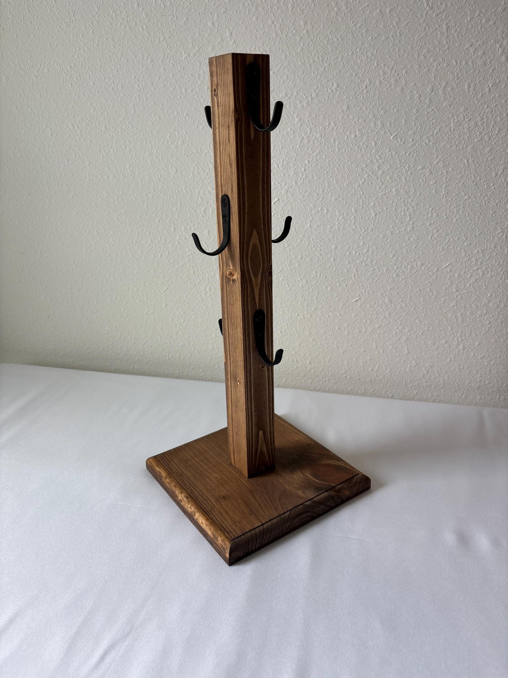 Rustic Handmade Wooden Mug Tree with Black Metal Hooks | Coffee Bar & Kitchen Mug Stand | Small or Large | Multiple Finish Options