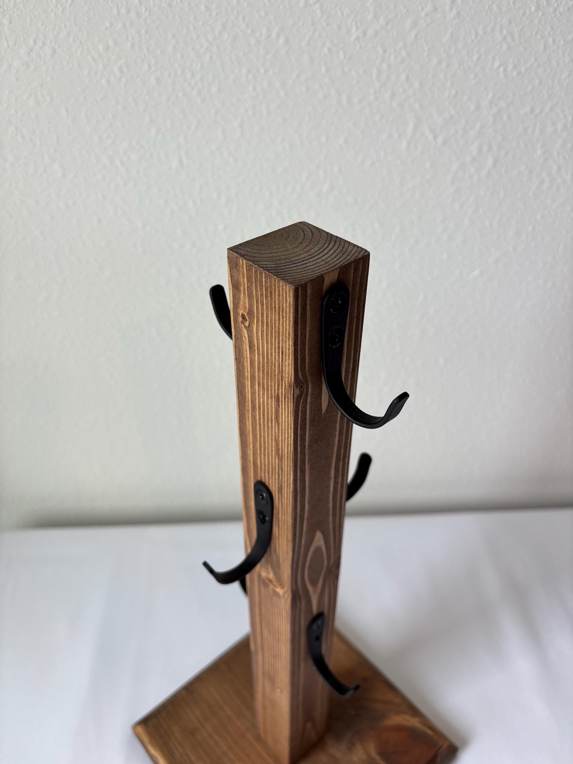 Rustic Handmade Wooden Mug Tree with Black Metal Hooks | Coffee Bar & Kitchen Mug Stand | Small or Large | Multiple Finish Options