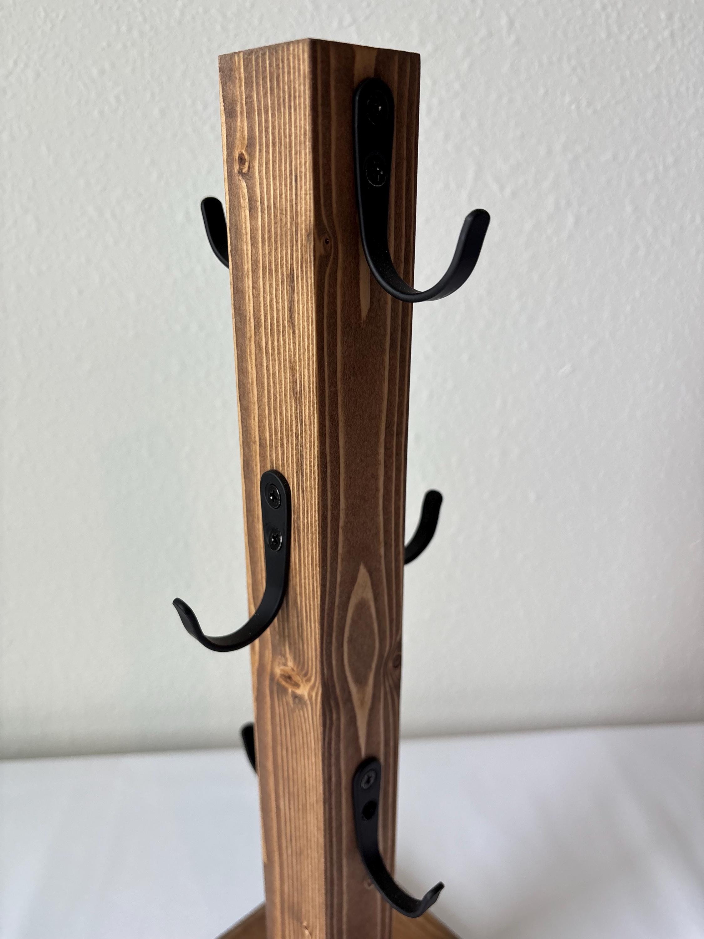 Rustic Handmade Wooden Mug Tree with Black Metal Hooks | Coffee Bar & Kitchen Mug Stand | Small or Large | Multiple Finish Options