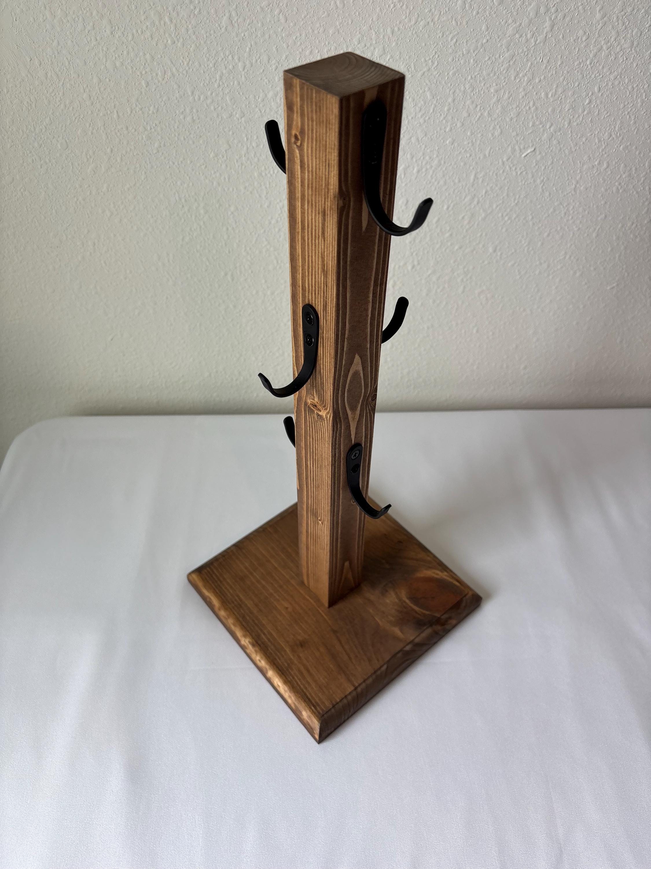 Rustic Handmade Wooden Mug Tree with Black Metal Hooks | Coffee Bar & Kitchen Mug Stand | Small or Large | Multiple Finish Options